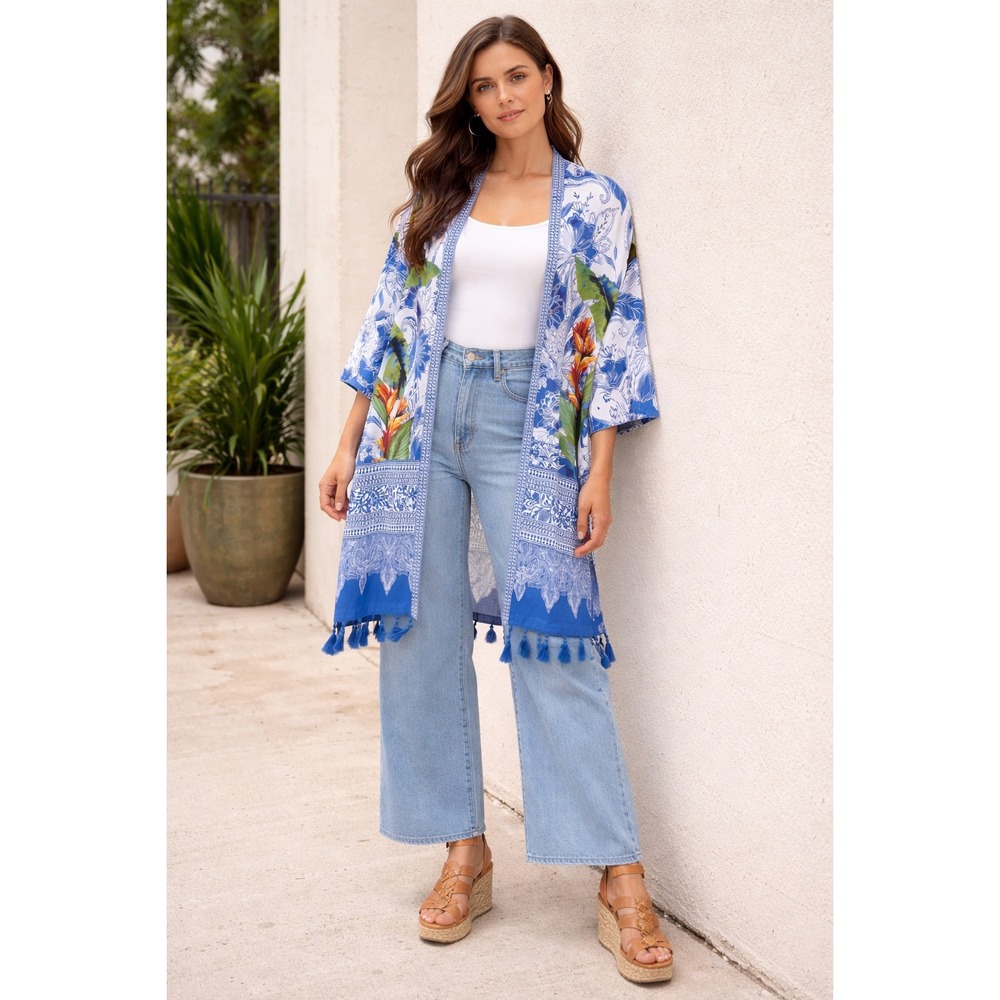 Chico’s Blue Tropical Floral Paisley Kimono Wrap Tassel Hem‎ XXS / XS